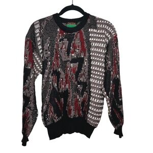 Oakton Limited Mens M Vintage Abstract Geometric Knit Sweater‎ Black Red White